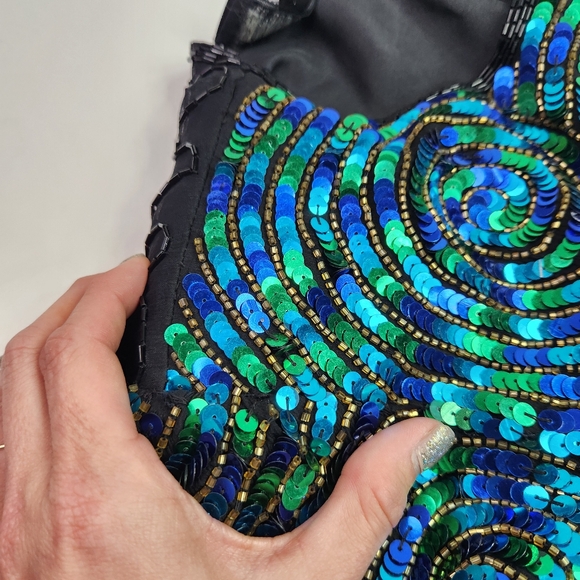 Vintage Royal Feelings Womens Silk Sequin & Beaded Blouse Turquoise & Black 1X - Picture 8 of 10